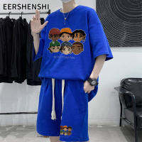 EERSHENSHI เสื้อยืดพิมพ์ลายสำหรับผู้ชาย,กางเกงขาสั้นแบบลำลองทรงหลวมกีฬาแขนสั้น