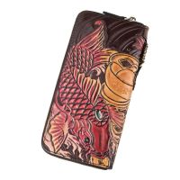 ?[100  Original] ? Genuine leather handmade wallet long style for men and women genuine leather carving craft zipper first layer cowhide clip retro clutch wallet