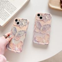 Fashion Simple Blue Light Oil Painting Butterfly Wavy Edge Protective Phone Case for iPhone 14 13 12 11 Pro Max 14 13 12 Pro 12