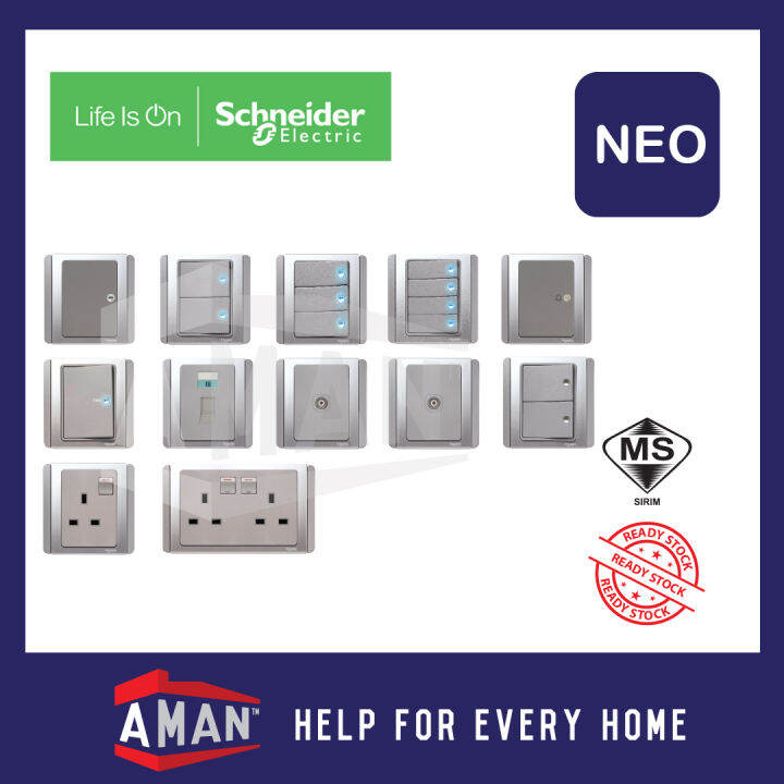Schneider Neo Series Grey Silver LED Switches Socket 13A 20A Double