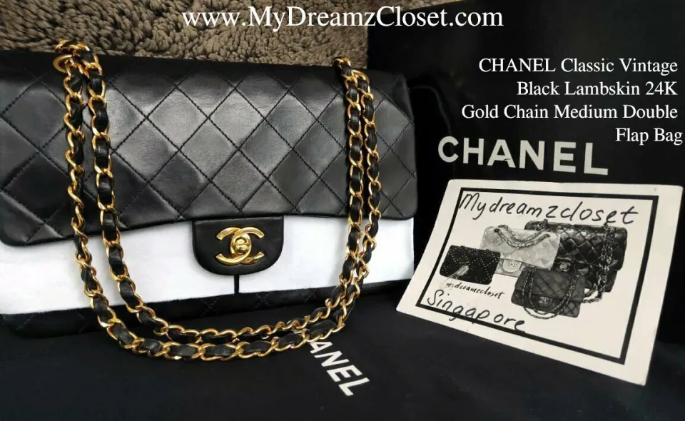 SOLD - CHANEL Classic Vintage Black Lambskin 24K Gold Chain Medium Double  Flap Bag