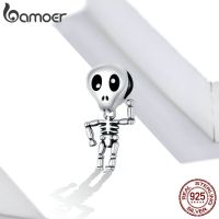 bamoer Genuine 925 Sterling Silver Halloween Skull Man CZ Charm for Original Luxury nd Female DIY Jewelry Make SCC1617