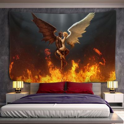 Angel Devil Tapestry Hell Wall Hanging Witchcraft Wall Tapestry Hippie Wall Carpets Dorm Decor Psychedelic Halloween Tapestry