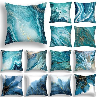 【CW】▽  Marble Cushion Cover 45x45cm Sea Pattern Sofa Polyester Pillowcase Abstract Leaves Waist