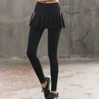 【Hot Sale】embellishembellishกีฬา WomenRunningPants ยิมกระโปรงเต้นรำละตินปลอมสองชิ้น WorkoutTennis Tights