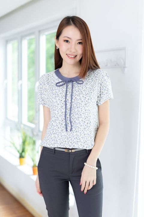 narinari-nt2285-bow-collar-blouse-เสื้อทำงานแต่งสายโบว์ยาว