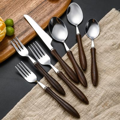 [Durable and practical] MUJI ins Japanese-style chicken wing wood stainless steel knife and fork spoon with wooden handle vintage western tableware hotel commercial steak knife fork spoon