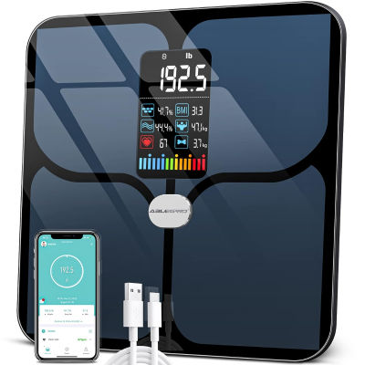Body Fat Scale, ABLEGRID Digital Smart Bathroom Scale for Body Weight, Large LCD Display Screen, 16 Body Composition Metrics BMI, Water Weigh, Heart Rate, Baby Mode, 400lb, Rechargeable Black