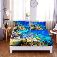 Seafloor Animals Digital Printed 3pc Polyester Fitted Sheet Mattress Cover Four Corners with Elastic Band Bed Sheet Pillowcases