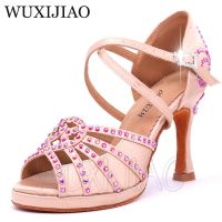 WUXIJIAO Latin Dance Shoes Red Flash Rhinestone Shining Skin Black Satin Women Salsa Party Ballroom Shoes Cuba 9Cm Heel