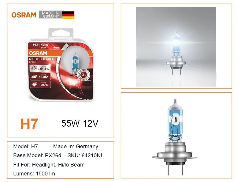 OSRAM H1 H3 H4 H7 Night Breaker Laser Halogen Auto Bulbs Headlight H8 H11  HB3 9005 HB4 9006 12V 3700K (2 Pcs)