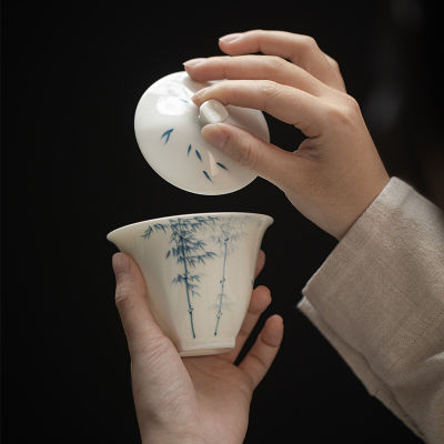 มือทาสีไม้ไผ่เซรามิกสีขาว Gaiwan สำหรับหม้ออบชา T Eaware ถ้วยชาจีนชาม Chawan ชา Ceramony ชุด