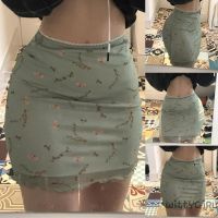 W[]-Women´s Mesh Bodycon Mini Skirt Vintage Floral Print High Waist Lettuce Trim Short Pencil Skirt