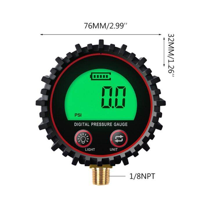 เครื่องวัดความดันอากาศแบบดิจิตอลขนาดหน้าปัดสำหรับ-w-1-8-npt-ขั้วต่อด้านล่างและบูตป้องกันความแม่นยำของ0-255psi-แบตเตอรี่1