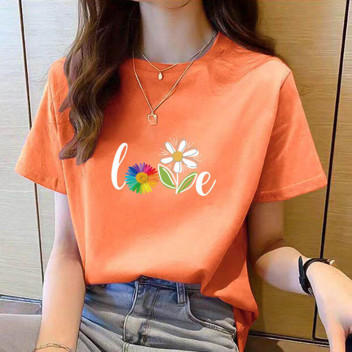 เสื้อยาวสีขาวสำหรับผู้หญิงคอกลมแขนสั้นพิมพ์ลายเสื้อทรงหลวมสำหรับฤดูร้อน