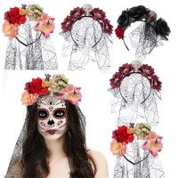 【LZ】❀  Black Veil Halloween Rose Flower Headband para Mulheres Traje de Casamento Retro Cosplay Headwear Dia dos Mortos Festa Headpiece