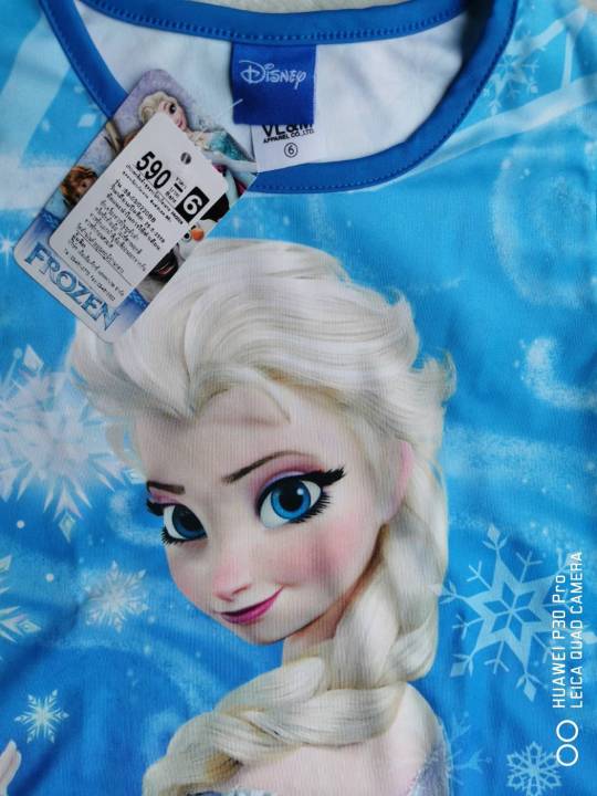 disney-ชุดเดรส-พิมพ์ลาย-frozen-สีฟ้า-เนื้อผ้ากึ่งมัน-ระบายผ้าแก้ว-size-4-12y