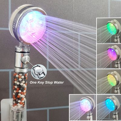 Led Shower Head for Bathroom One Key Stop Water Nozzle Temperature Sensor Negative Ion Stone High Pressure Handheld Shower Head Showerheads