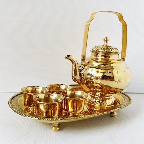 ชุดน้ำชากาโบราณ-ทรงฟักทอง-ถาดน้ำชาทองเหลืองรูปไข่-8-x-12-นิ้ว