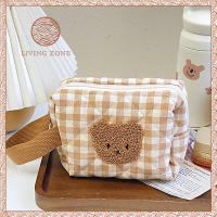 Living Zone กระเป๋าใส่เครื่องสำอางค์ ลายตารางปักหน้าน้องหมี Bag Cute Bear