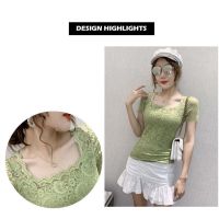 {READY STOCK}LACE BLOUSE Womens Short-sleeved Square Neck y Crocheted Hollow Small Shirt T-shirt