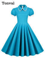 KKTonval er Pan Collar พัฟแขน Turquoise ผ้าฝ้ายชุดผู้หญิง2022 Elegant Robe Solid สไตล์วินเทจกระเป๋า Midi Dressq11