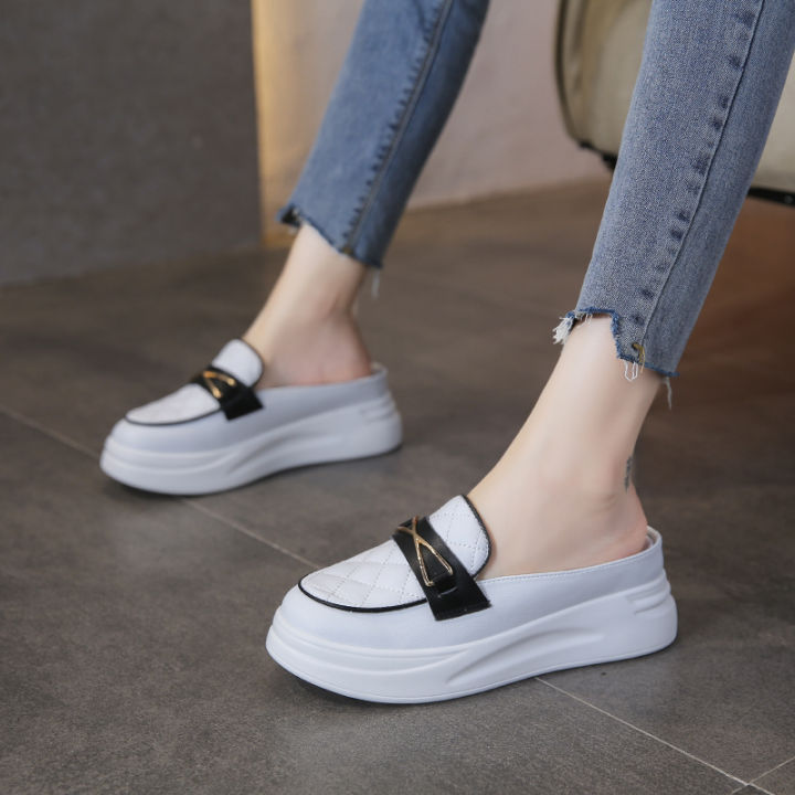 รองเท้าแตะครึ่งตัวสำหรับผู้หญิง-ครึ่งรองเท้าสลิปเปอร์คุณภาพสูง-mode-korea-หนาพื้นรองเท้าลำลองรองเท้าแตะหนังระบายอากาศรองเท้าสีขาวขนาดเล็ก