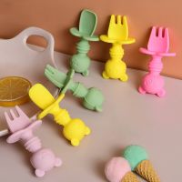 2Pcs/Set Baby Spoon Fork Cute Bear Face BPA Free Silicone Utensils Kid Feeding Training Spoon Learn To Eat Childrens Tableware Bowl Fork Spoon Sets