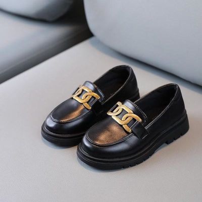 Children Loafers Metal Black Pu Leather Slip-on 26-37 Kids Flat Shoes Platform Roune Toe Spring Concise Style Boys Girls Shoe