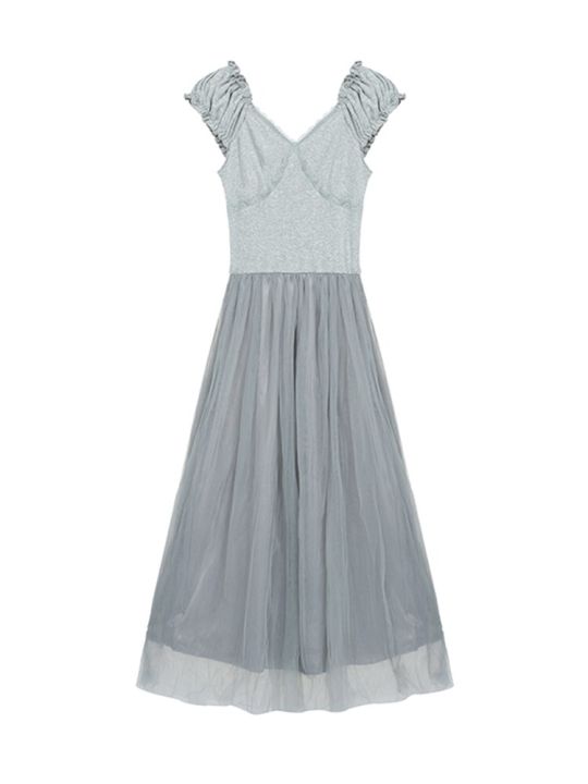 xitao-dress-folds-sleeveless-mesh-patchwork-dress
