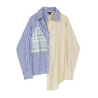 [EAM] Women Blue Striped Stitch Big Size Blouse New Lapel Long Sleeve Loose Fit Shirt Fashion Tide Spring Autumn 2020 1S376