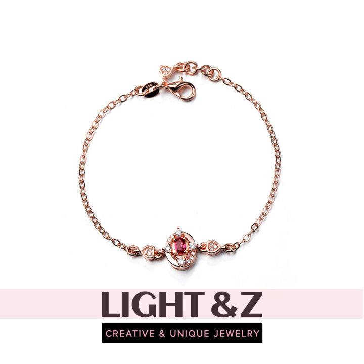 LIGHT &amp; Z สร้อยข้อมือจี้คริสตัลสีแดงของผู้หญิง,เครื่องประดับแฟชั่นประดับเพทายสีโรสโกลด์แนวเกาหลี