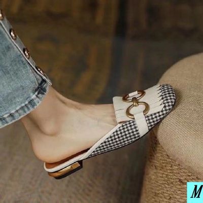 ❆ Baotou Half Slippers Women Spring Outer Wear Color Matching Vintage Flat Low Heel Square Toe Tassel Muller Sandals