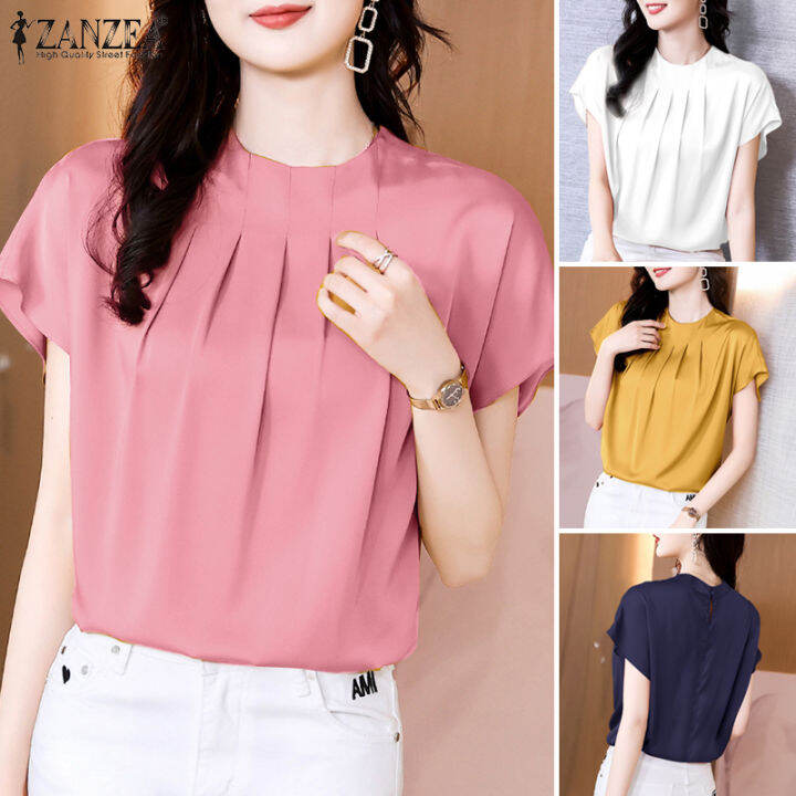 Esolo Zanzea Korean Style Women Office Ol Satin Silky Pleated Tops Shirt Office Work Pullover 7186