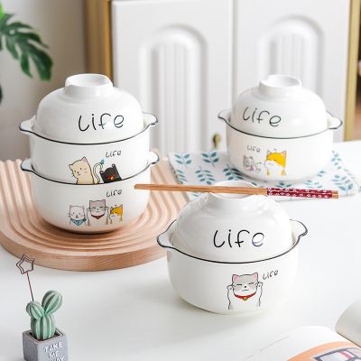 [COD] Japanese-style ceramic instant noodle bowl with student dormitory tableware chopsticks set home rice soup singleTH