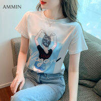 AMMIN เสื้อยืดคอกลมแขนสั้นผ้าคอตตอนสำหรับผู้หญิง,ใหม่เสื้อสตรีสไตล์เกาหลีปักลายตัวอักษรการ์ตูนและตัวอักษรภาษาอังกฤษเสื้อเบลาส์สุดหรูสไตล์ลำลองสำหรับผู้หญิงเสื้ออินสตาแกรมสำหรับฤดูร้อนปี2022