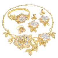 New Exquisite Gold Plated Flower Jewelry Set Fashion Online Wedding Matching Bridal Dresses Jewellery Sets HS