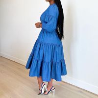 【HOT】﹊✴☃ WomenS Denim Fashionable Round Neck Large Medium Sleeved Ladies Dresses Soild Skirt Vestidos Mujer