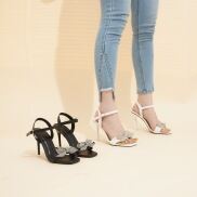 Giày cao gót MWC 4379 - Giày Sandal Cao Gót Quai Ngang Phối Nơ Đính Đá
