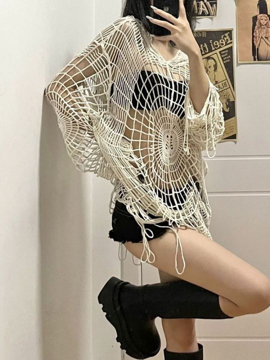 atasan-bahan-rajut-แฟชั่นเสื้อผู้หญิงเกาหลีสำหรับเด็กผู้หญิงเสื้อสวมคอมีฮู๊ดใยแมงมุมแบบกลวงดีไซน์เป็นรูดีไซน์แบบ-y2k-clothesy2k