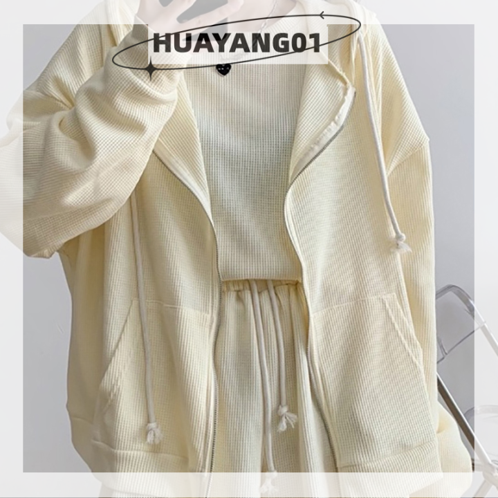 huayang01เสื้อโค้ทมีฮู้ดวาฟเฟิลแฟชั่นฤดูใบไม้ร่วง-สเวตเชิ้ตทรงหลวมแขนยาวสีทึบสำหรับผู้หญิง