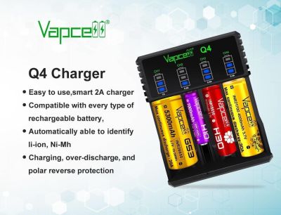 เครื่องชาร์จถ่านVapcell Q4 อุปกรณ์ชาร์จ ชาร์จพร้อมกันได้ 4 ก้อน รองรับหลายขนาด