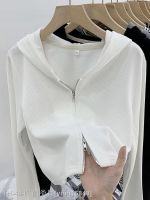 ❀♀▤ Korean style short double zipper hooded jacket 2023 spring white niche design cardigan knitted top