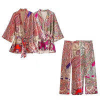 PB&amp;ZA summer new womens r chic belted print kimono coat high waist casual pockets loose trousers