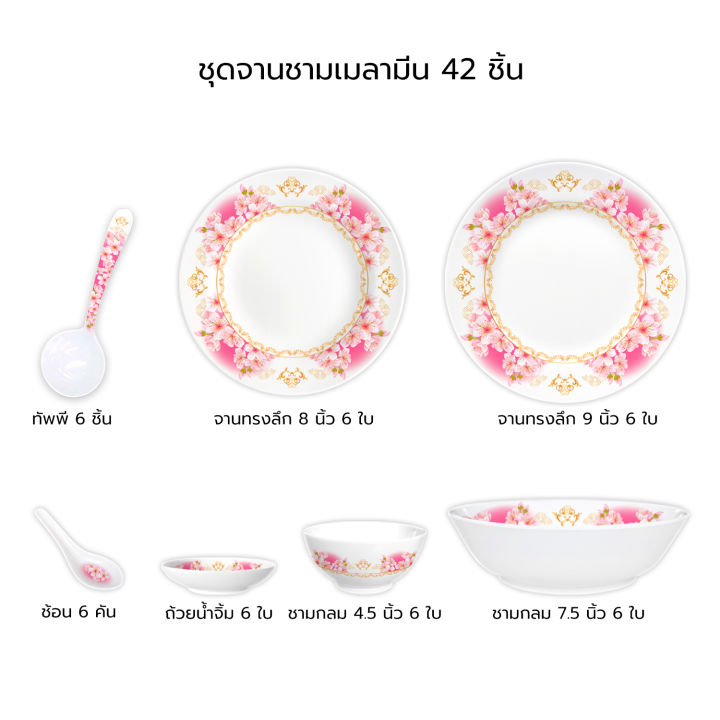 ชุดจานชาม-เมลามีน-28-ชิ้น-ลาย-cherry-blossom-เครื่องครัว