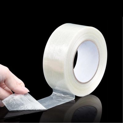 【LZ】◐☸  25M Strong Glass Fiber Transparent Striped Single Side Adhesive Tape Industrial Strapping Packaging Fixed Seal