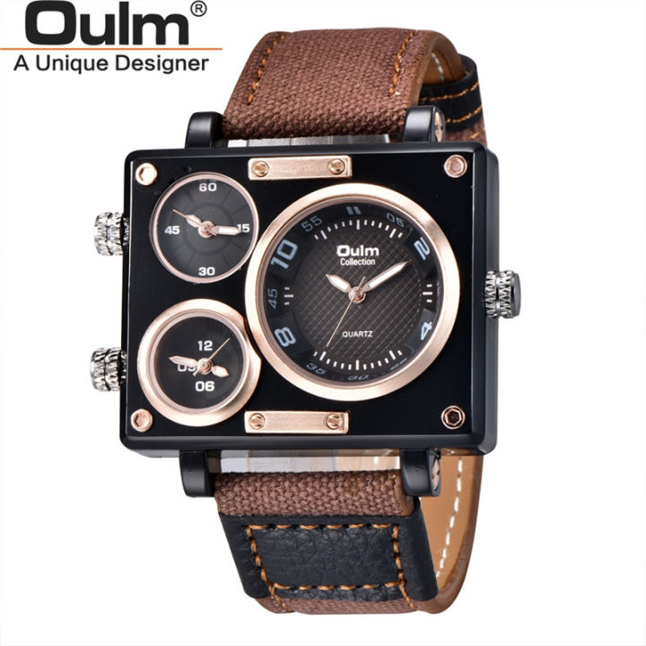 oulm-3595ทหารนาฬิกาผู้ชายแบรนด์หรูสามโซนเวลานาฬิกาข้อมือชายควอตซ์นาฬิกาผู้ชายลำลองผ้านาฬิกา