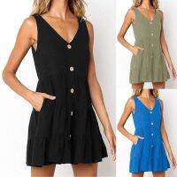 HOT★ชุดผู้หญิง2023 Casual Beach Casual V-คอ Pure สี Brukat Kancing ชุดผู้หญิงบวกขนาด Vestido Feminino