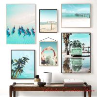 Beach Girl Palm Tree โปสเตอร์ Wall Art ผ้าใบพิมพ์ภาพภูมิทัศน์ทะเล Travel รถเรือ Nordic ภาพผนัง Living Room Decor