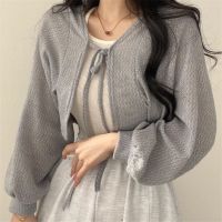 利Thin White Cardigan Women Summer Sunscreen Lace-up Knitwear Top Female Korean Style Lantern Sleeve Short Coat Casual Elegant Top